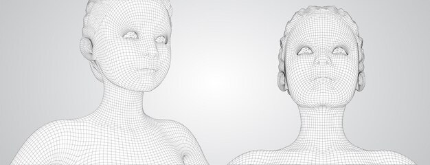 Retrato vectorial 3D de una hermosa joven con peinado conjunto de ángulos en un fondo blanco