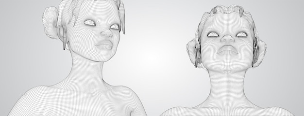 Retrato vectorial 3D de una hermosa joven con peinado conjunto de ángulos en un fondo blanco
