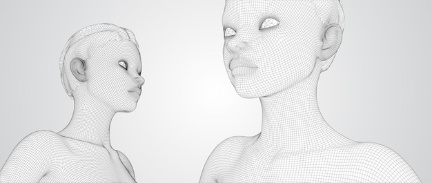 Retrato vectorial 3D de una hermosa joven con peinado conjunto de ángulos en un fondo blanco
