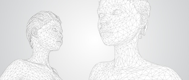 Retrato vectorial 3D de una hermosa joven con peinado conjunto de ángulos en un fondo blanco