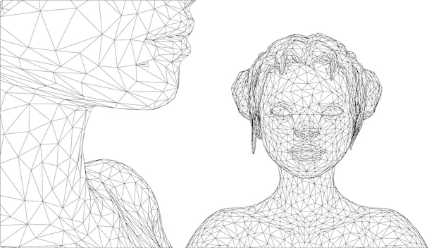Retrato vectorial 3D de una hermosa joven con peinado conjunto de ángulos en un fondo blanco