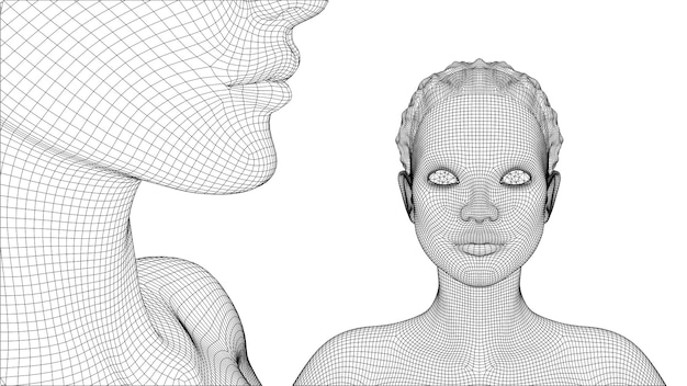 Retrato vectorial 3D de una hermosa joven con peinado conjunto de ángulos en un fondo blanco