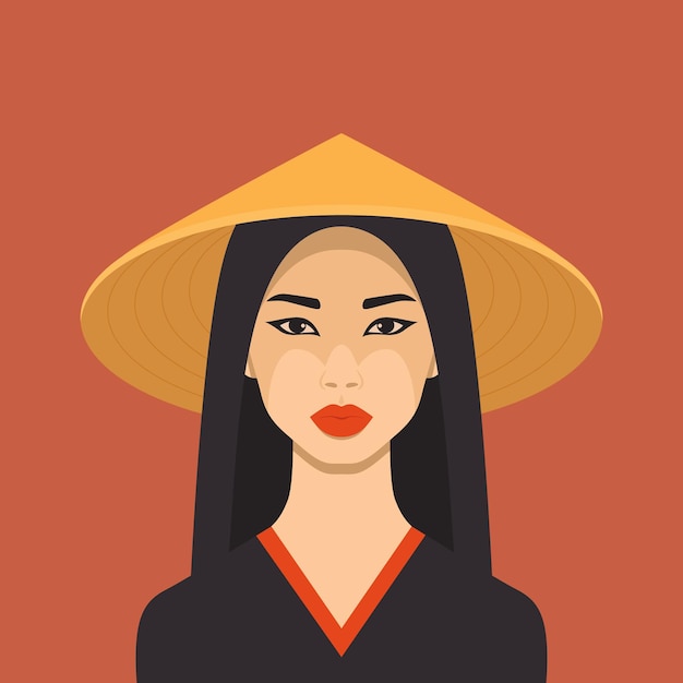 Retrato vectorial de una hermosa joven asiática con sombrero de paja cónico tradicional chino asiático triángulo vietnamita sombrero nonla no la tocado de cabeza retrato de mujeres asiáticas en vista frontal