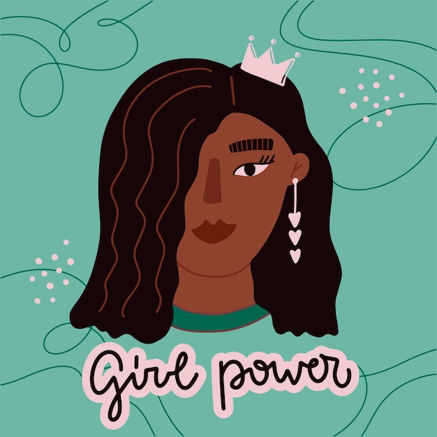 Retrato vectorial de una joven negra con corona, cabello medio, arete blanco. caligrafía dibujada a mano de girl power. la ilustración plana está sobre fondo verde. tarjeta de felicitación para el día internacional de la mujer.