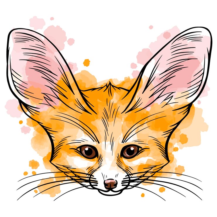 Vector retrato vectorial de zorro fennec con manchas de acuarela aisladas sobre fondo blanco