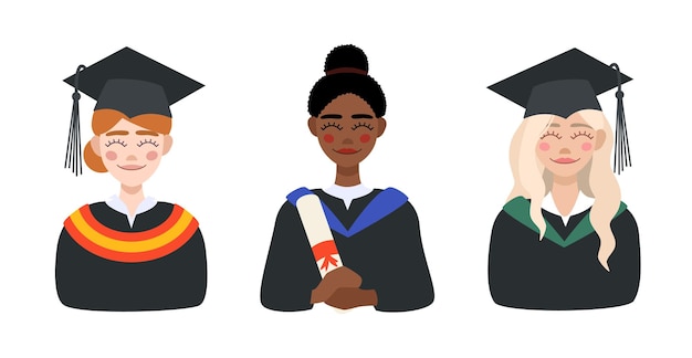 Retratos de alumnas con togas y gorras de graduación Una estudiante con un diploma en las manos