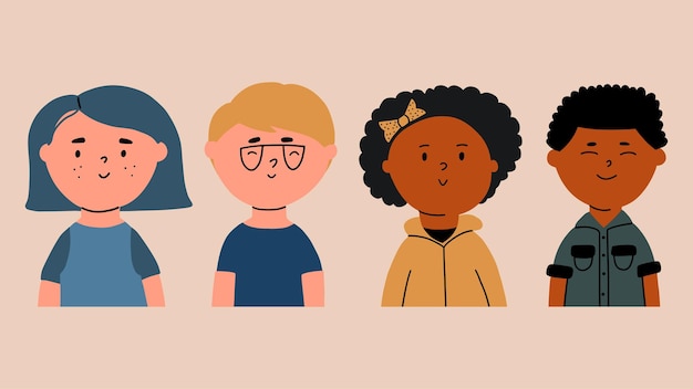 Retratos de diferentes niños atractivos Dos niños y dos niñas Ilustración de dibujo a mano