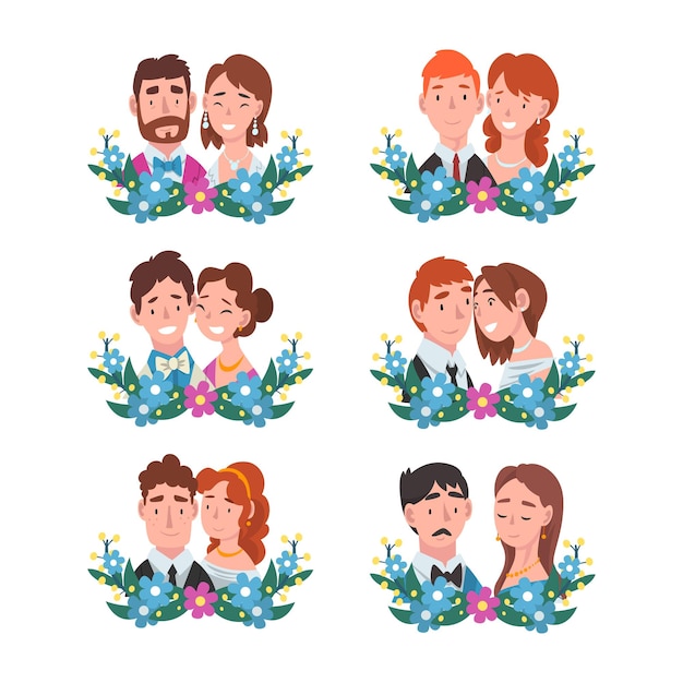 Retratos de la feliz novia y el novio románticos en una corona de flores, ilustraciones vectoriales de dibujos animados