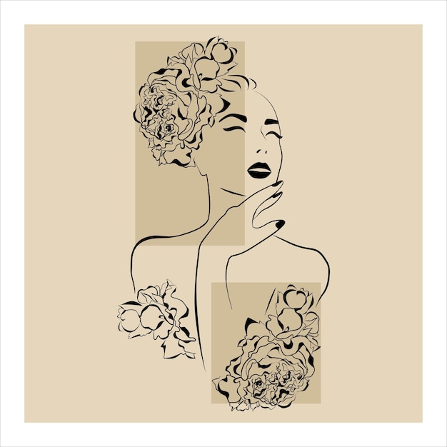 Vector retratos femeninos de arte lineal con flores en la cabeza. ilustración vectorial aislada. diseño de logotipos para salones de belleza.