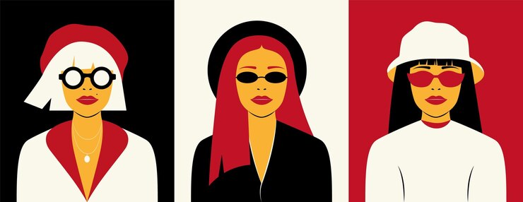Vector retratos de mujer. personajes femeninos de dibujos animados, caras abstractas de chicas para afiches. conjunto de vectores