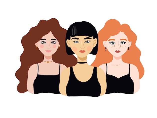 Vector retratos de mujeres vectoriales. chica asiática, chica pelirroja. mujer con cabello rizado. vector de chica de moda