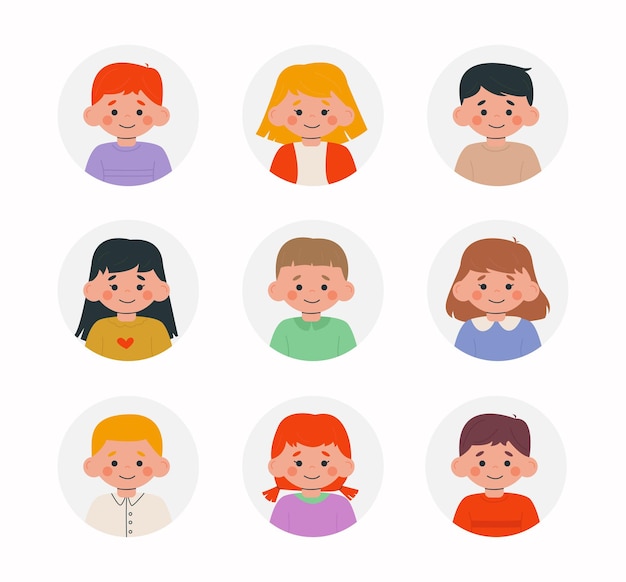 Los retratos de los niños establecen un avatar de perfil de niño para las redes sociales o la ilustración de la cuenta del blog.