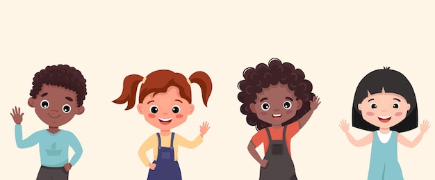 Retratos de niños felices de dibujos animados con niños y niñas felices Niños con diferentes etnias