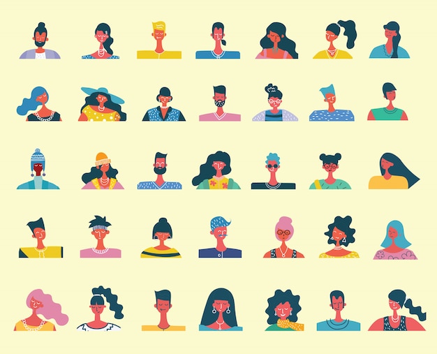 retratos de personas planas. Icono humano sonriente. Avatar humano Simpáticos personajes lindos. Linda gente amable. Hombre, icono de niño. Mujer, señora, joven icono aislado sobre fondo claro.