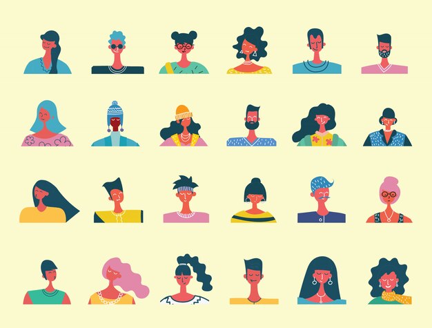 retratos de personas planas. Icono humano sonriente. Avatar humano Simpáticos personajes lindos. Linda gente amable. Hombre, icono de niño. Mujer, señora, joven icono aislado sobre fondo claro.