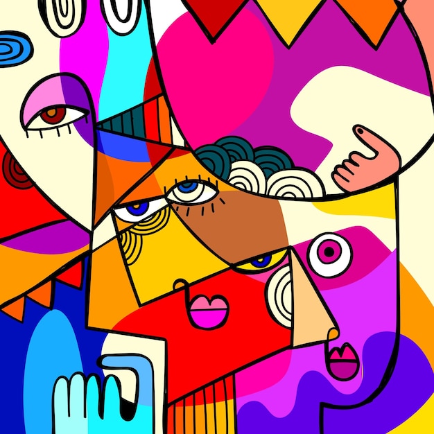 Retratos de rostros decorativos abstractos coloridos dibujados a mano ilustración vectorial arte lineal arte de pared étnico