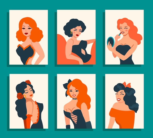 Retratos vectoriales de chicas antiguas en la colección de estilo pinup