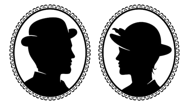 Retratos victorianos de hombre y mujer en marcos de estilo vintage ilustración vectorial de silueta negra