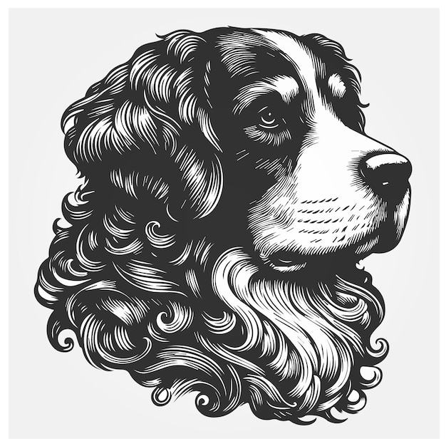 Vector retriever revestido plano retrato de perro dibujado a mano en blanco y negro