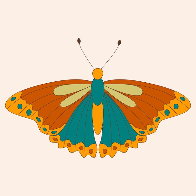 Retro 60s 70s hippie groovy mariposa para tarjetas pegatinas o diseño de carteles Ilustración de vector plano