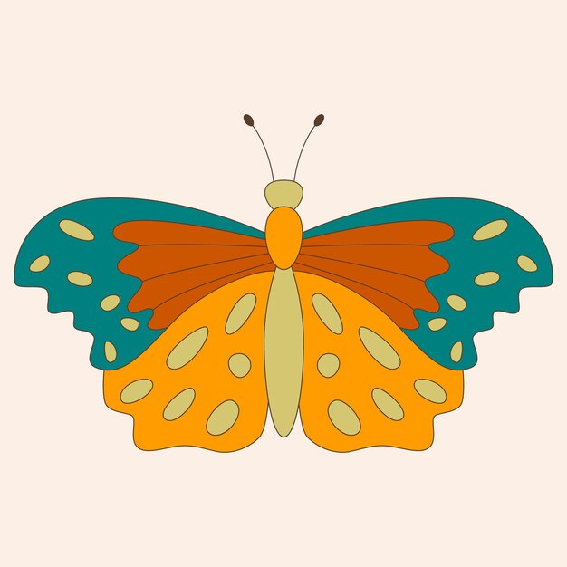 Retro 60s 70s hippie groovy mariposa para tarjetas pegatinas o diseño de carteles Ilustración de vector plano