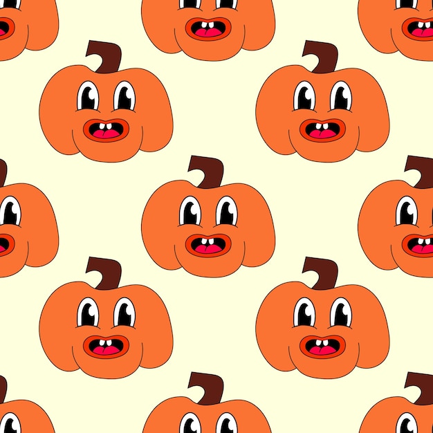 Retro 70s 60s 80s Hippie Groovy Halloween de patrones sin fisuras con calabazas Cara de sonrisa divertida