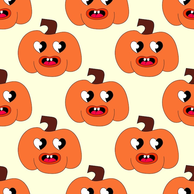 Retro 70s 60s 80s Hippie Groovy Halloween de patrones sin fisuras con calabazas de sonrisa Vector plano