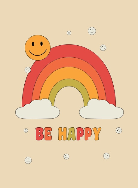 Retro 70s 60s Hippie Groovy Rainbow Floral Daisy Happy Smile Face
