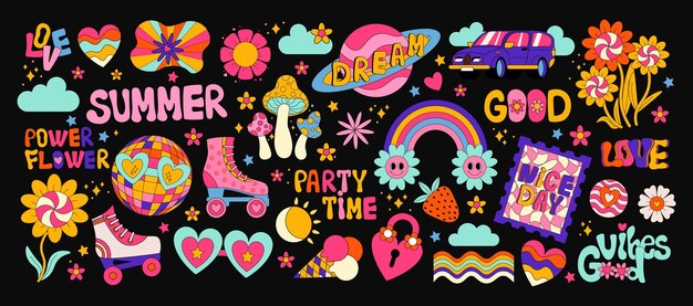 Retro 70s pegatinas hippie elementos psicodélicos groovy funky setas de dibujos animados rodillos arco iris