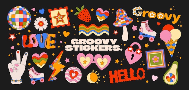 Retro 70s pegatinas hippie elementos psicodélicos groovy funky setas de dibujos animados rodillos arco iris