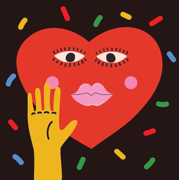 Retro amor loco y manchado corazón cara sonriente Hippie groovy sonrisa conjunto de vectores de caracteres concepto de día de San Valentín