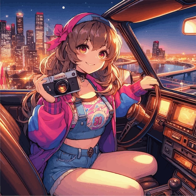 Retro anime fotógrafo chica en coche antiguo por la noche vector de ilustración