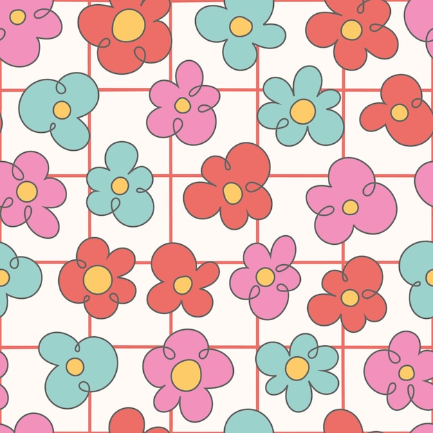 Retro de los años 60 groovy psicodélico floral fondo de patrón sin costuras estilo hippie de dibujos animados flores brillantes