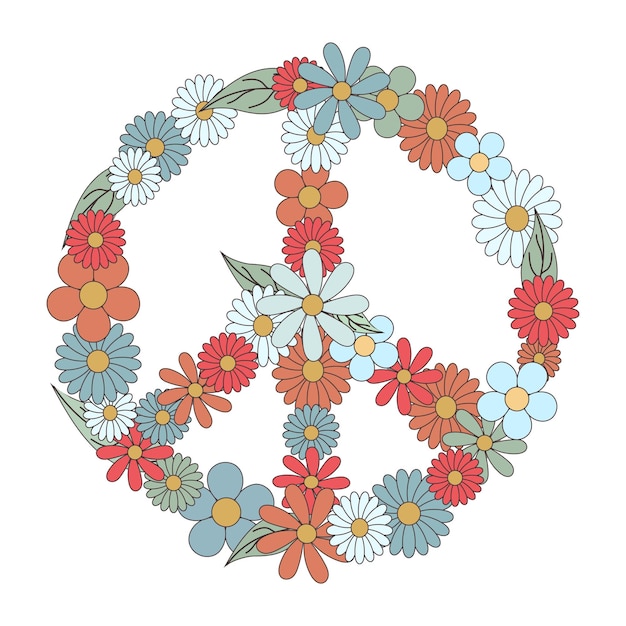 Vector retro años 70 años 60. hippie groovy peace sign ilustración vectorial de corona floral aislada en blanco.