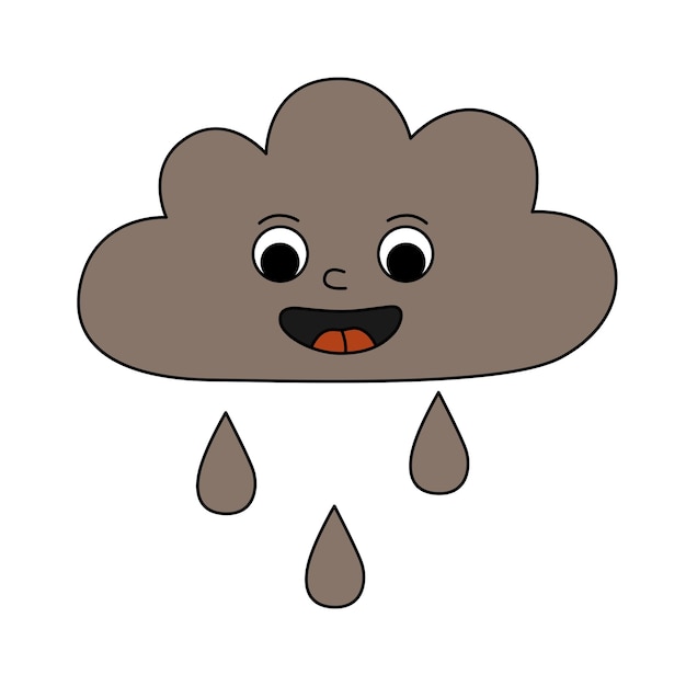 Retro años 70 maravilloso personaje de nube feliz con gotas de lluvia