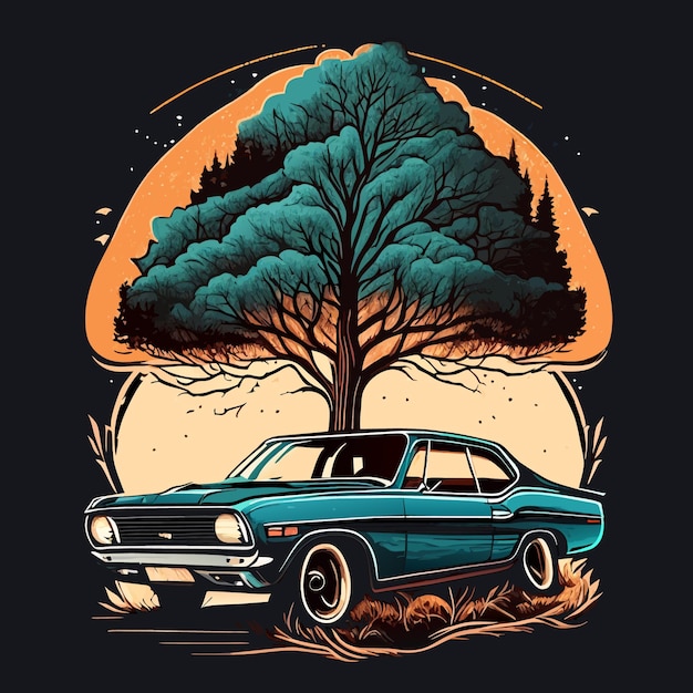 Retro Auto Adventure Ilustración de stock de un coche y un árbol antiguos