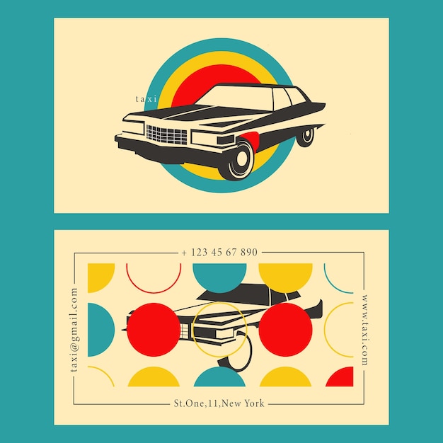 Retro car vector 70s con tarjeta de visita de colores azul, rojo y amarillo. diseño vectorial de época.