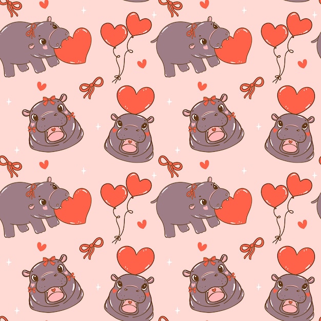 Retro Coquette Valentine Cute Baby Pygmy Hippo Patrón sin costuras aislado en el fondo