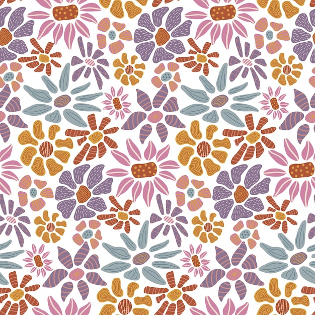 Retro dibujado a mano de patrones sin fisuras con fondo floral estilo groovy flor 60s 70s