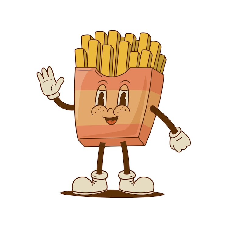 Vector retro dibujos animados divertidos papas fritas personajes patata mascota vintage comida rápida nostalgia 60s 70s 80s