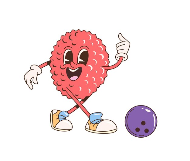 Retro dibujos animados groovy lychee fruta jugando al boliche