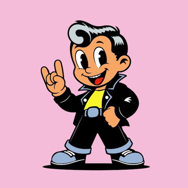 Retro dibujos animados mascota del rock and roll personaje de heavy metal en una chaqueta de cuero y vaqueros que muestra hor