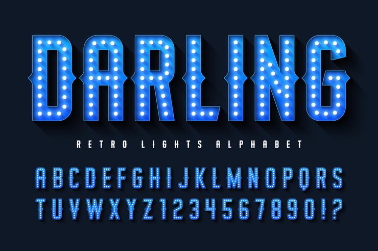 Vector retro diseño del alfabeto del circo lámparas led de hadas de cabaret letras y números