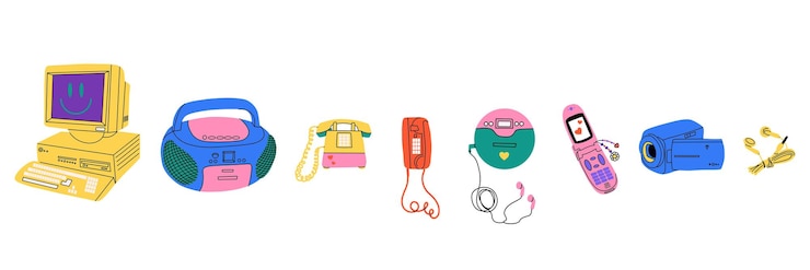Vector retro electrónica computadora y2k atributos elegantes de estilo de los años 2000 ilustración de nostalgia vectorial de dibujos animados