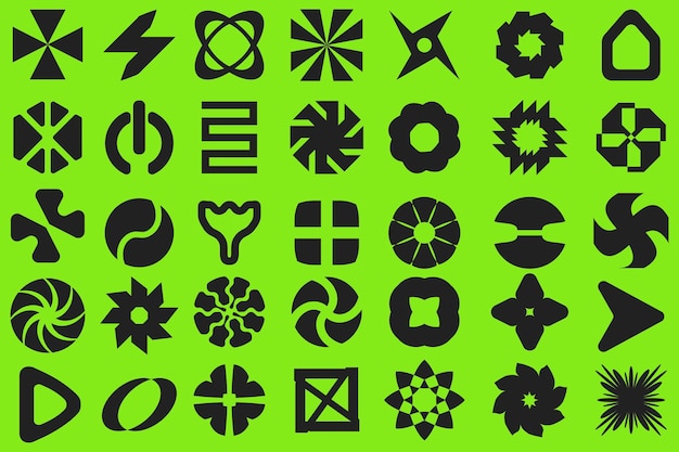 Retro elementos futuristas para el diseño Gran colección de símbolos y objetos geométricos gráficos abstractos en estilo y2k Plantillas para ropa de calle marca Ilustración vectorial