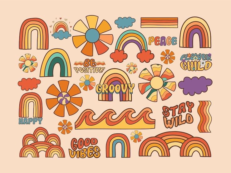 Vector retro elementos groovy conjunto vectorial flor hippie arco iris paz margarita feliz