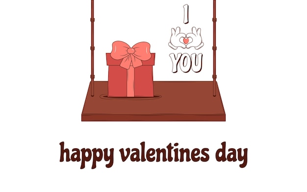 Retro encantadora tarjeta de corazón de dibujos animados Cute Groovy concepto a la moda con la inscripción Feliz Día de San Valentín Retro a la moda de los años 60 los años 70 colores rosados rojos Vector