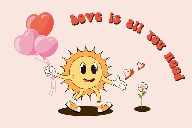 Retro Feliz Día de San Valentín El amor es todo lo que necesitas Personaje en el moderno estilo de dibujos animados retro de los años 60 y 70