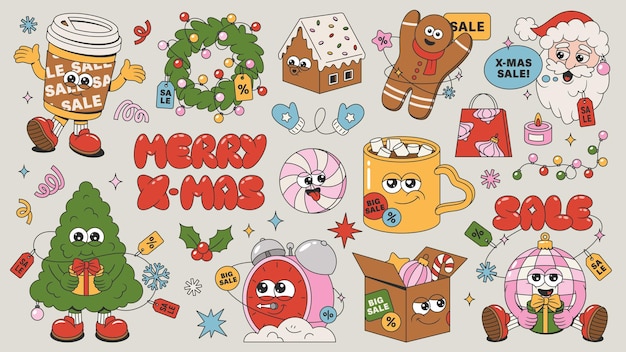 Retro feliz venta de Navidad colección árbol de Santa Claus pan de jengibre dulces corona guirnalda regalos bola