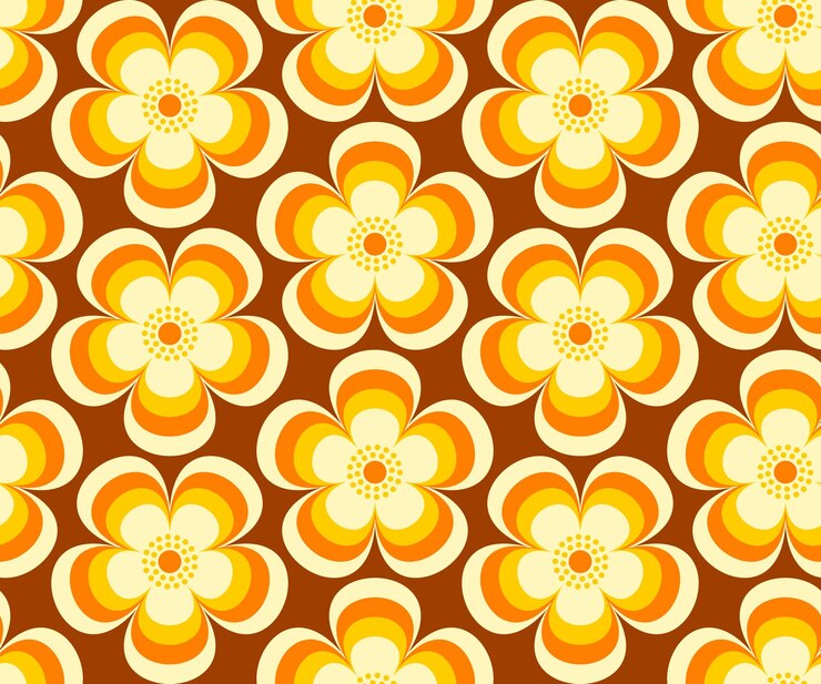 Vector retro floral de mediados de siglo flores modernas colores marrón naranja estilo mod de los años setenta patrón vectorial sin costuras